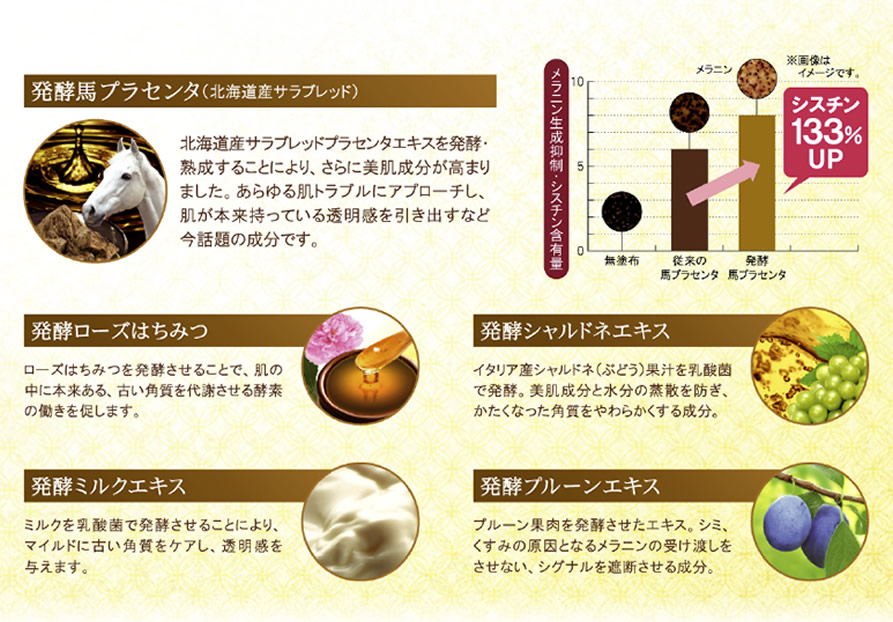 発酵馬プラセンタが肌が本来持っている透明感を引き出すなど今話題の成分です